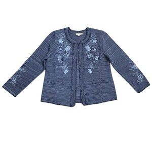Chico's Women Size 3 XL Blue Embroidered Denim Color Blazer Jacket Single Hook